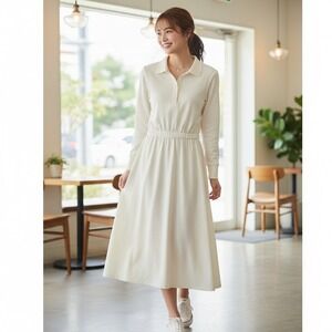 Amy-Deb Maxi Dress Ivory Button Up Long Slv Stretch Pleated Flowy Boho‎ Size 10